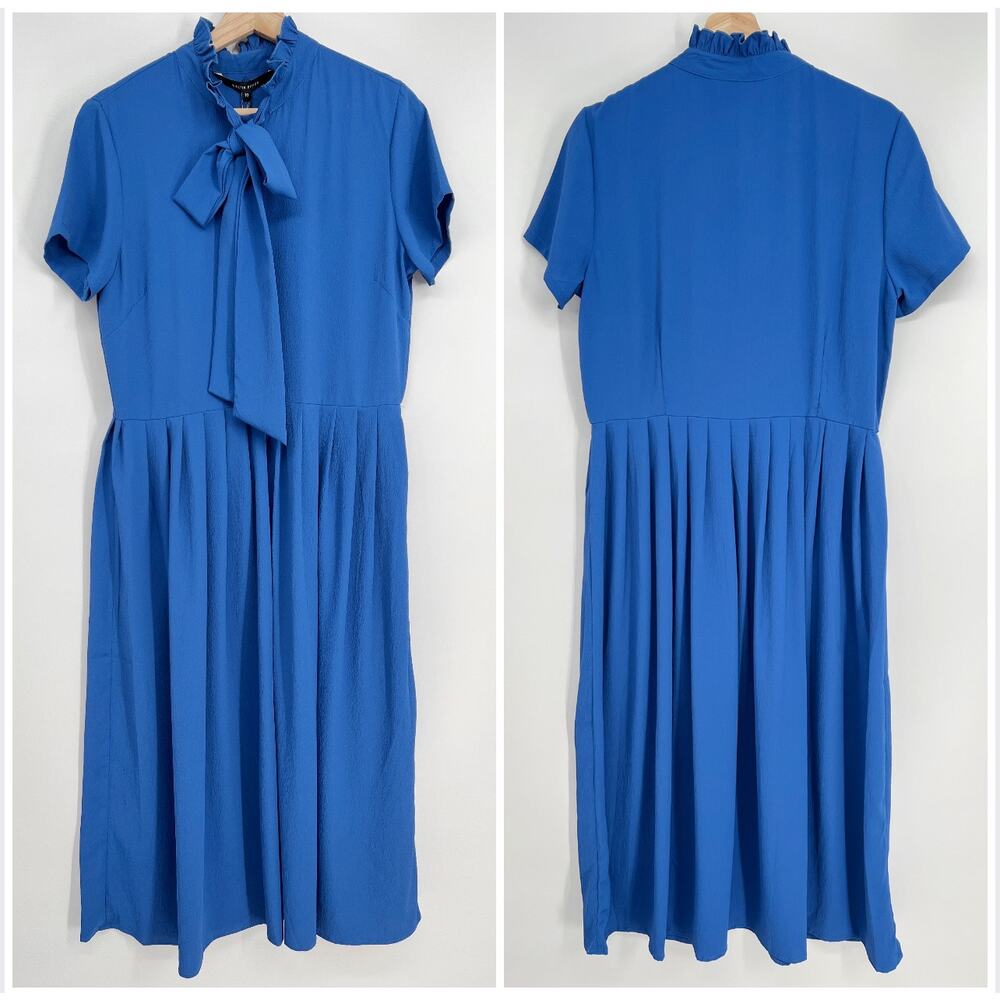 Walter Baker Sammy Dress NEW Womens 10 Blue Crepe Neck Tie Bow Midi Short Sleeve